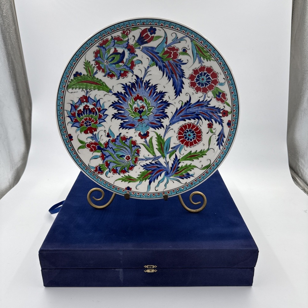 Turkish Iznik Plate 12" Floral Wall Blue & Red Unique Hanging Collectible W Box